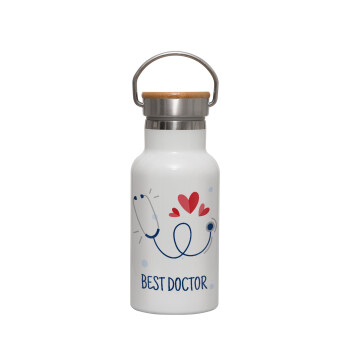 Best Doctor, Μεταλλικό παγούρι θερμός (Stainless steel) Λευκό με ξύλινο καπακι (bamboo), διπλού τοιχώματος, 350ml