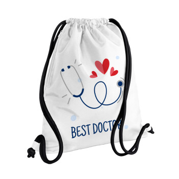 Best Doctor, Τσάντα πλάτης πουγκί GYMBAG λευκή, με τσέπη (40x48cm) & χονδρά κορδόνια