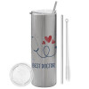 Eco friendly stainless steel Silver tumbler 600ml, with metal straw & cleaning brush