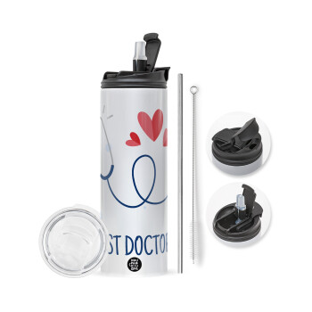 Best Doctor, Travel Tumbler θερμό με διπλό καπάκι, μεταλλικό καλαμάκι και βούρτσα καθαρισμού (Ανωξείδωτο 304 Food grade, BPA free, 600ml)