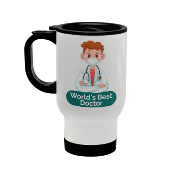 World's Best Doctor, Stainless steel travel mug with lid, double wall white 450ml