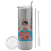 Eco friendly stainless steel Silver tumbler 600ml, with metal straw & cleaning brush