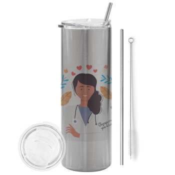 Doctor Thanks You, Eco friendly stainless steel Silver tumbler 600ml, with metal straw & cleaning brush