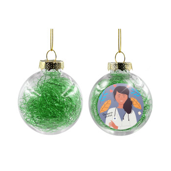 Ευχαριστώ για όλα γιατρέ, Χριστουγεννιάτικη μπάλα δένδρου διάφανη με πράσινο γέμισμα 8cm