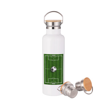 Soccer field, Γήπεδο ποδοσφαίρου, Stainless steel White with wooden lid (bamboo), double wall, 750ml