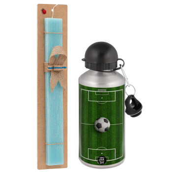 Soccer field, Γήπεδο ποδοσφαίρου, Easter Set, metallic silver aluminum water bottle (500ml) & scented flat Easter candle (30cm) (TURQUOISE)