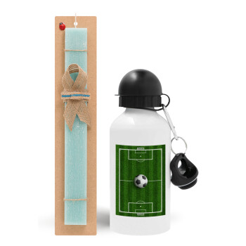 Soccer field, Γήπεδο ποδοσφαίρου, Easter Set, metallic aluminum water bottle (500ml) & scented flat candle (30cm) (TURQUOISE)