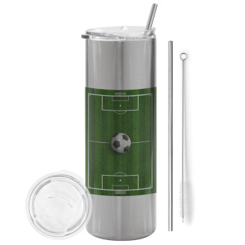 Soccer field, Γήπεδο ποδοσφαίρου, Eco friendly stainless steel Silver tumbler 600ml, with metal straw & cleaning brush