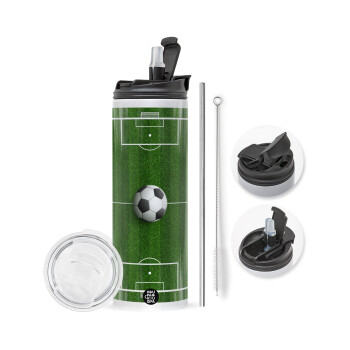 Soccer field, Γήπεδο ποδοσφαίρου, Travel Tumbler 2 Lids, with metal straw & cleaning brush (Stainless steel 304 Food grade, BPA free, 600ml)