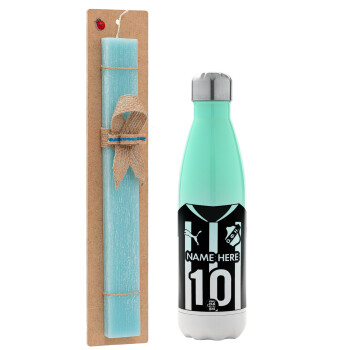 ΟΦΗ εμφάνιση, Easter Set, Metallic green/white thermos (Stainless steel), double-walled, 500ml & scented flat Easter candle (30cm) (TURQUOISE)