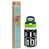 Easter Set, Children's thermal stainless steel bottle with safety straw, green/blue (350ml) & aromatic flat Easter candle (30cm) (TURQUOISE)