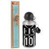 Easter Set, metallic silver aluminum water bottle (500ml) & scented flat Easter candle (30cm) (TURQUOISE)