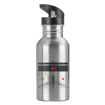 Leica Lens, Water bottle Silver with straw, stainless steel 600ml