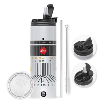 Leica Lens, Travel Tumbler 2 Lids, with metal straw & cleaning brush (Stainless steel 304 Food grade, BPA free, 600ml)