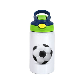 Soccer ball, Children's hot water bottle, stainless steel, with safety straw, green, blue (350ml)