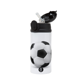 Soccer ball, Children's hot water bottle, stainless steel, with safety straw, Black (360ml) BPA-FREE