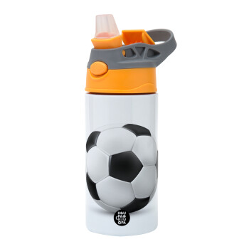 Soccer ball, Children's hot water bottle, stainless steel, with safety straw, Orange/Grey (360ml) BPA-FREE