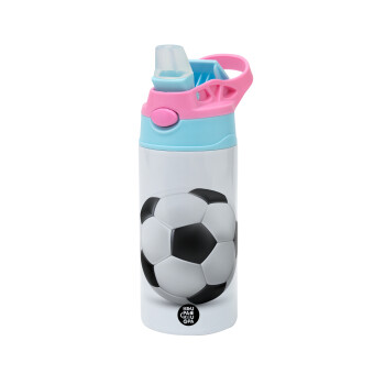 Soccer ball, Children's hot water bottle, stainless steel, with safety straw, Pink/BlueCiel (360ml) BPA FREE