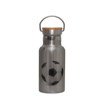Soccer ball, Μεταλλικό παγούρι θερμός (Stainless steel) Ασημένιο με ξύλινο καπακι (bamboo), διπλού τοιχώματος, 350ml