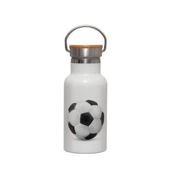 Soccer ball, Metallic thermos (Stainless steel) White with wooden lid (bamboo), double-walled, 350ml