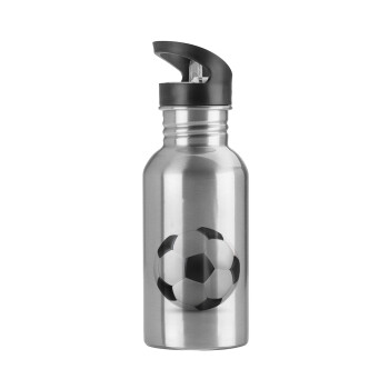 Soccer ball, Water bottle Silver with straw, stainless steel 600ml