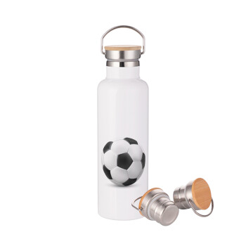 Soccer ball, Stainless steel White with wooden lid (bamboo), double wall, 750ml