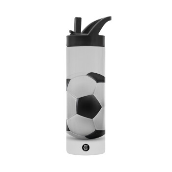 Soccer ball, Μεταλλικό παγούρι θερμός με καλαμάκι & χειρολαβή, ανοξείδωτο ατσάλι (Stainless steel 304), διπλού τοιχώματος, 600ml