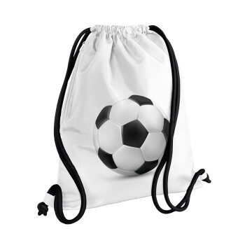 Soccer ball, Τσάντα πλάτης πουγκί GYMBAG λευκή, με τσέπη (40x48cm) & χονδρά κορδόνια