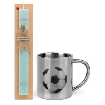 Soccer ball, Easter Set, metallic thermal cup (300ml) & aromatic flat Easter candle (30cm) (TURQUOISE)