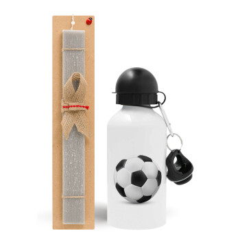 Soccer ball, Πασχαλινό Σετ, παγούρι μεταλλικό  αλουμινίου (500ml) & πασχαλινή λαμπάδα αρωματική πλακέ (30cm) (ΓΚΡΙ)