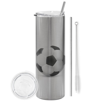 Soccer ball, Eco friendly stainless steel Silver tumbler 600ml, with metal straw & cleaning brush