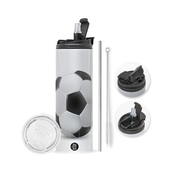 Soccer ball, Travel Tumbler 2 Lids, with metal straw & cleaning brush (Stainless steel 304 Food grade, BPA free, 600ml)