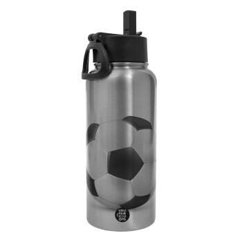 Soccer ball, Metal mug thermo Silver with Straw and Spout Lid (Stainless steel), double wall, 950ml