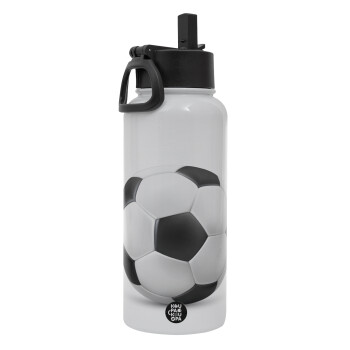 Soccer ball, Metal mug thermo White with Straw and Spout Lid (Stainless steel), double wall, 950ml