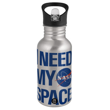 I need my space, Water bottle Silver with straw, stainless steel 500ml