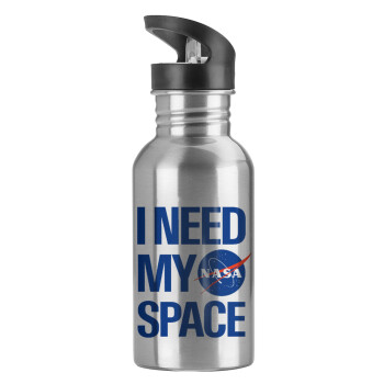 I need my space, Water bottle Silver with straw, stainless steel 600ml