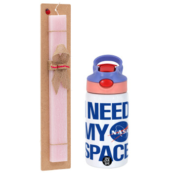 I need my space, Easter Set, Children's thermal stainless steel water bottle with safety straw, pink/purple (350ml) & Easter scented flat candle (30cm) (PINK)