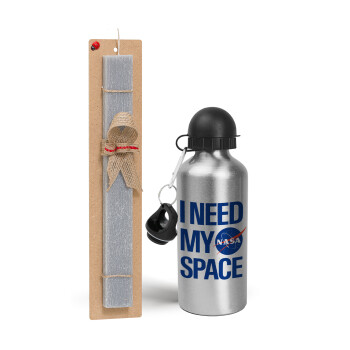 I need my space, Easter Set, metallic silver aluminum water bottle (500ml) & aromatic flat Easter candle (30cm) (GRAY)