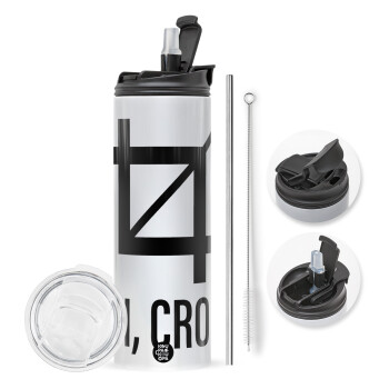 Oh Crop, Travel Tumbler 2 Lids, with metal straw & cleaning brush (Stainless steel 304 Food grade, BPA free, 600ml)