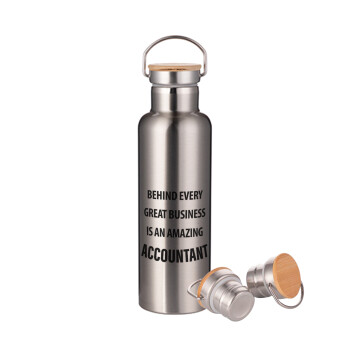 Behind every great business, Stainless steel Silver with wooden lid (bamboo), double wall, 750ml