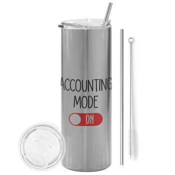 ACCOUNTANT MODE ON, Tumbler stainless steel Silver 600ml, with metal straw & cleaning brush