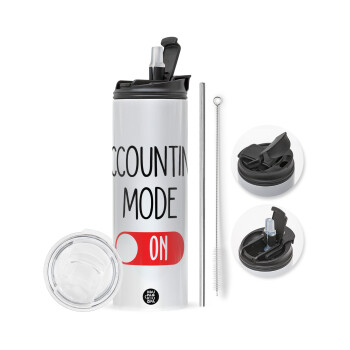 ACCOUNTANT MODE ON, Travel Tumbler 2 Lids, with metal straw & cleaning brush (Stainless steel 304 Food grade, BPA free, 600ml)