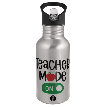 Teacher mode ON, Water bottle Silver with straw, stainless steel 500ml