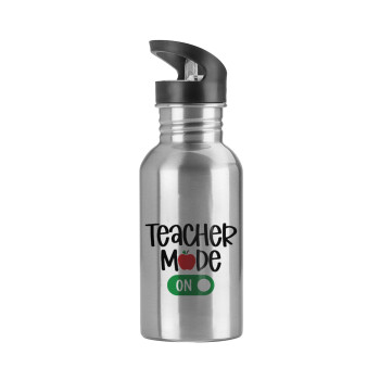 Teacher mode ON, Water bottle Silver with straw, stainless steel 600ml