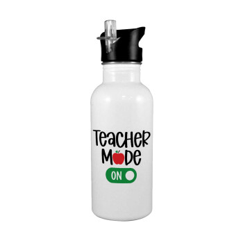 Teacher mode ON, White water bottle with straw, stainless steel 600ml