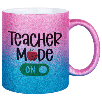 Teacher mode ON, Κούπα Χρυσή/Μπλε Glitter, κεραμική, 330ml