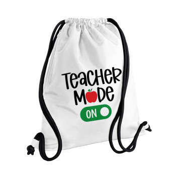 Teacher mode ON, Τσάντα πλάτης πουγκί GYMBAG λευκή, με τσέπη (40x48cm) & χονδρά κορδόνια