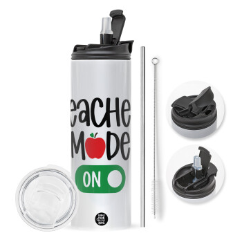 Teacher mode ON, Travel Tumbler 2 Lids, with metal straw & cleaning brush (Stainless steel 304 Food grade, BPA free, 600ml)