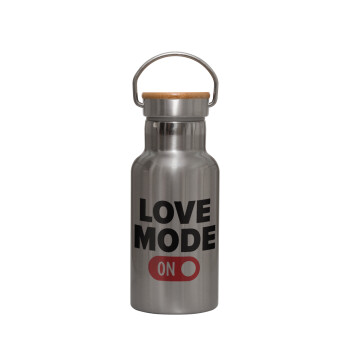 LOVE MODE ON, Stainless steel metallic thermos flask, silver with a bamboo lid, double-walled, 350ml.