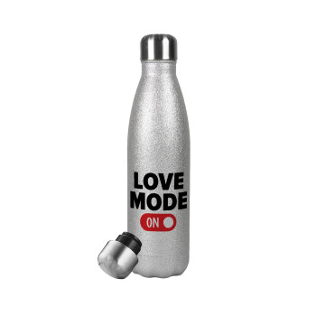 LOVE MODE ON, Μεταλλικό παγούρι θερμός Glitter Aσημένιο (Stainless steel), διπλού τοιχώματος, 500ml